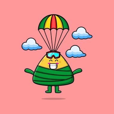 Cute mascot cartoon Chinese rice dumpling is skydiving with parachute and happy gesture