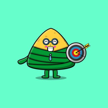 Cute cartoon chinese rice dumpling businessman holding target and arrow with happy expression