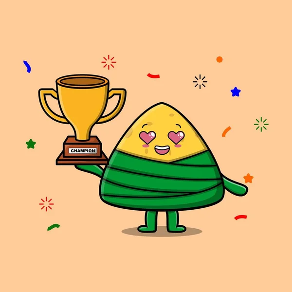 Cute Cartoon Character Illustration Chinese Rice Dumpling Holding Golden Trophy — Vector de stock