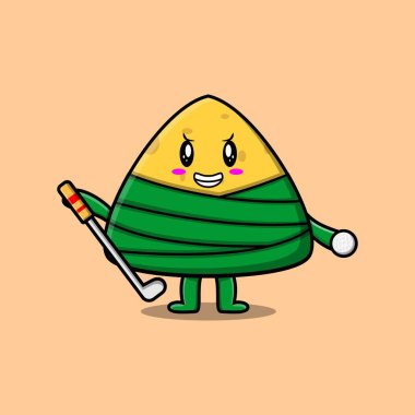 Cute cartoon chinese rice dumpling character playing golf in concept flat cartoon style