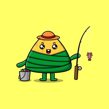 Cute cartoon chinese rice dumpling ready fishing wearing fishing equipment cartoon character