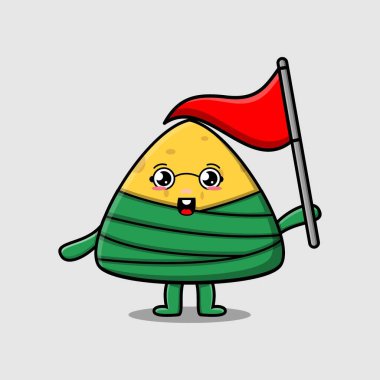 Cute cartoon Chinese rice dumpling character holding triangle flag in flat modern design