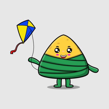 Cute cartoon chinese rice dumpling character playing kite flaying cartoon icon vector illustration