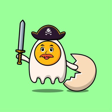 Cute cartoon mascot character egg pirate with hat and holding sword in modern design