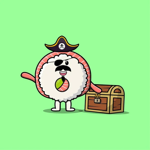 Cute Cartoon Character Rice Sushi Rolls Sashimi Pirate Treasure Box — Διανυσματικό Αρχείο