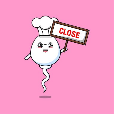 Cute cartoon sperm chef character holding close sign board designs in concept flat cartoon style