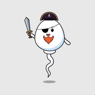 Cute cartoon mascot character sperm pirate with hat and holding sword in modern design