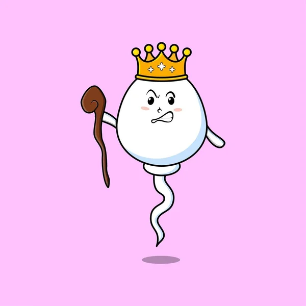 Cute Cartoon Sperm Mascot Wise King Golden Crown Wooden Stick — Stok Vektör