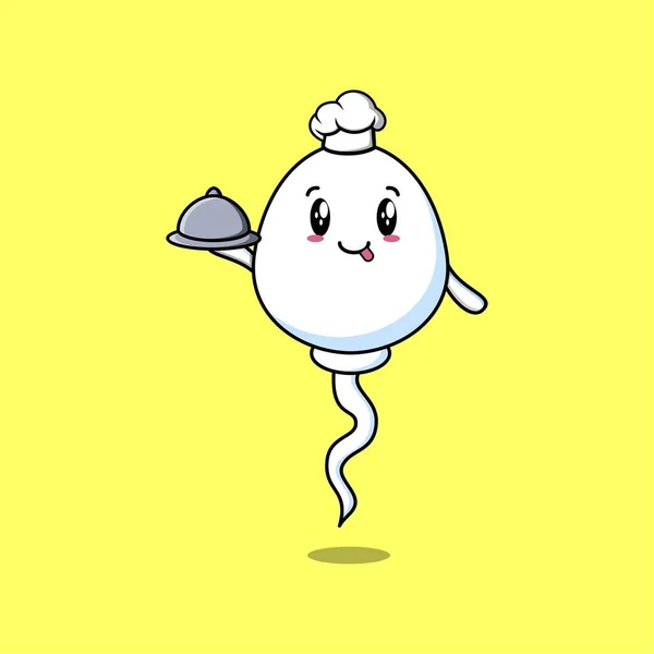 Cute Cartoon Chef Sperm Mascot Character Serving Food Tray Cute — Διανυσματικό Αρχείο