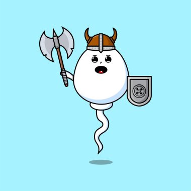 Cute cartoon character Sperm viking pirate with hat and holding ax and shield