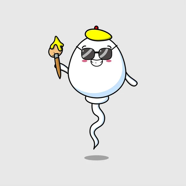 Cute Cartoon Character Sperm Painter Hat Brush Draw Cute Design — Διανυσματικό Αρχείο