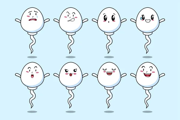 Set Kawaii Sperm Cartoon Character Different Expressions Cartoon Face Vector — Stock vektor