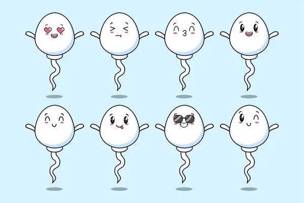 Set Kawaii Sperm Cartoon Character Different Expressions Cartoon Face Vector — Vetor de Stock