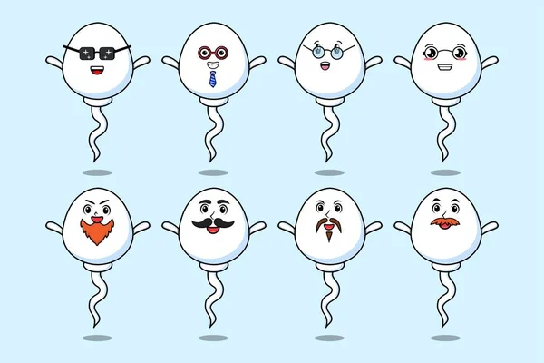 Set Kawaii Sperm Cartoon Character Different Expressions Cartoon Face Vector — 스톡 벡터