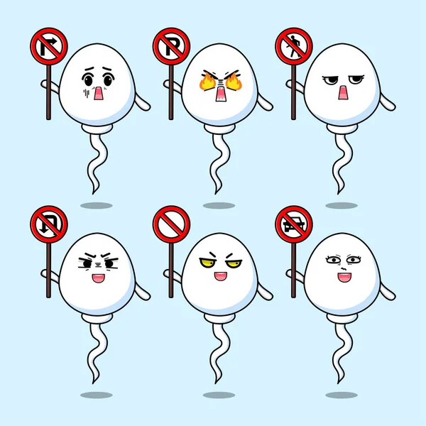 Cute Sperm Cartoon Character Holding Traffic Sign Modern Flat Style — ストックベクタ