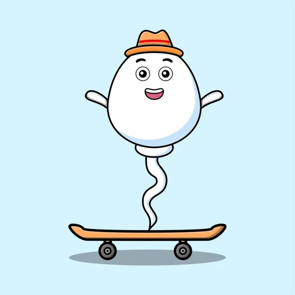 Cute Cartoon Sperm Standing Skateboard Cartoon Vector Illustration Style — стоковый вектор