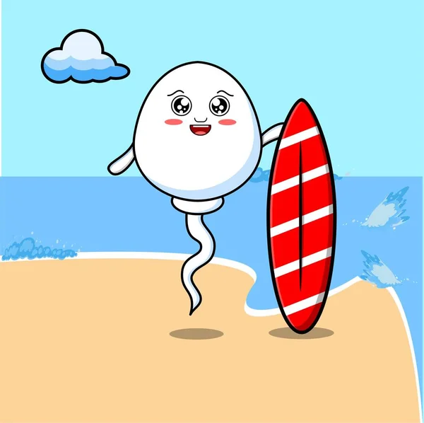 Cute Cartoon Sperm Character Playing Surfing Surfing Board Flat Cartoon — Vettoriale Stock