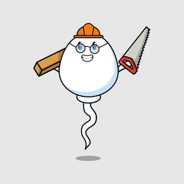 Cute cartoon sperm as carpenter character with saw and wood in flat modern style design