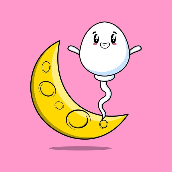 Cute Cartoon Sperm Character Standing Crescent Moon Flat Modern Design — Stockvector