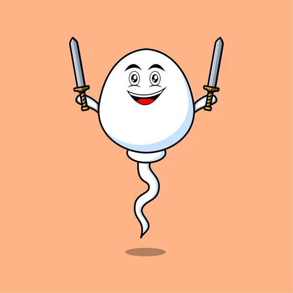 Cute Cartoon Sperm Character Holding Two Sword Flat Modern Design — Διανυσματικό Αρχείο