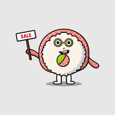 Tatlı karikatür pirinç suşisi, saşimi karakterinin elinde düz çizgi film tarzı tabelalar tutuyor.