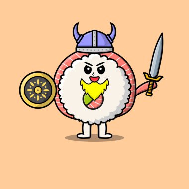 Tatlı çizgi film karakteri Rice sushi sashimi viking korsan sarar şapkası ve kılıcı ve kalkanı ile