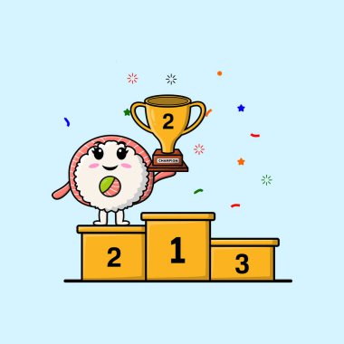 Tatlı çizgi film Rice sushi ikinci kazanan olarak saşimi yuvarlıyor.