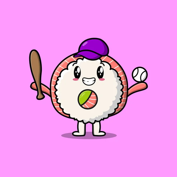 Mignon Dessin Animé Riz Sushi Rouleaux Personnage Sashimi Jouer Baseball — Image vectorielle