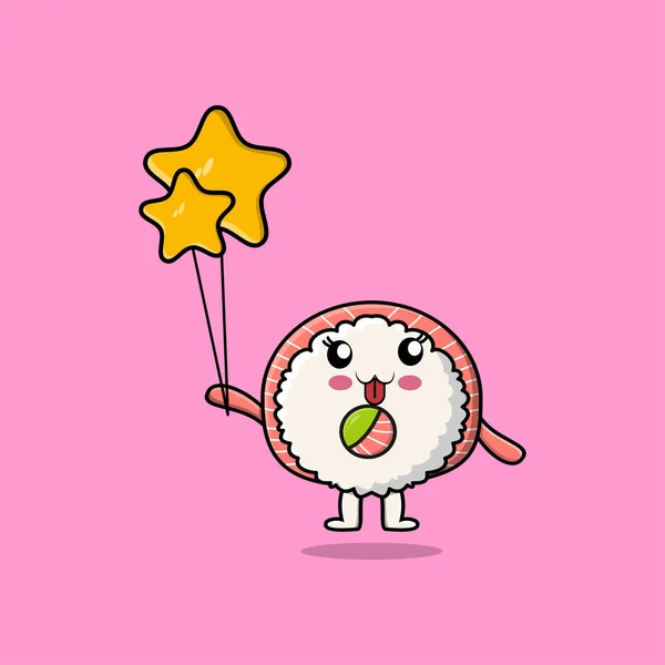 Χαριτωμένο Καρτούν Ρύζι Σούσι Ρολά Sashimi Επιπλέουν Αστέρι Μπαλόνι Εικονογράφηση — Διανυσματικό Αρχείο