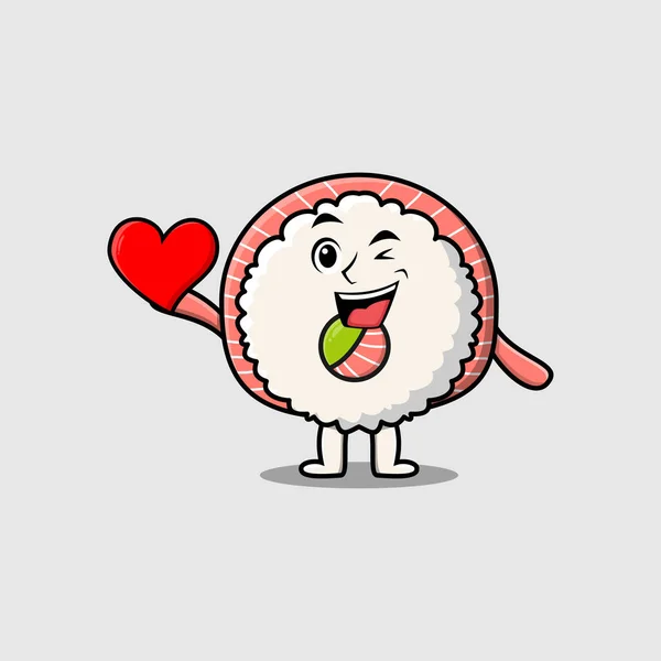 Lindo Personaje Sushi Dibujos Animados Con Gran Corazón Rojo Diseño — Archivo Imágenes Vectoriales