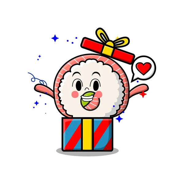 Симпатичний Персонаж Мультфільму Суші Виходить Великої Подарункової Коробки Виглядає Щасливо — стоковий вектор
