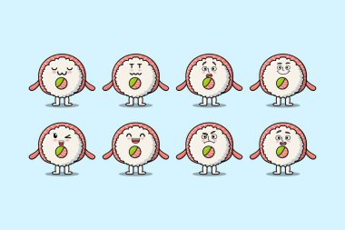 Kawaii Rice sushi sashimi karikatür karakteri ve farklı çizgi film ifadeleri.