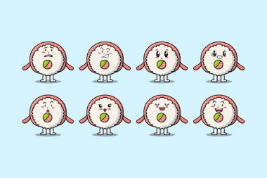 Kawaii Rice sushi sashimi karikatür karakteri ve farklı çizgi film ifadeleri.