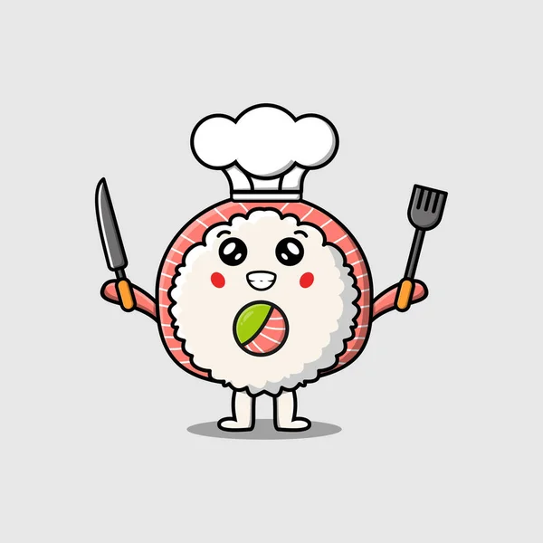 平漫画風イラストでナイフとへらを持った可愛い漫画寿司職人キャラクター — ストックベクタ
