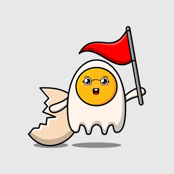 Χαριτωμένο Καρτούν Τηγανητά Αυγά Χαρακτήρα Κρατώντας Σημαία Τρίγωνο Μοντέρνο Σχεδιασμό — Διανυσματικό Αρχείο