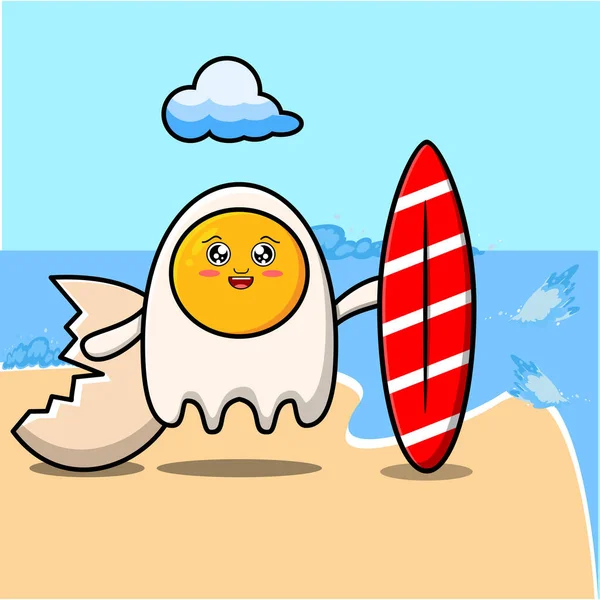 Desenhos Animados Bonitos Ovos Fritos Personagem Jogando Surf Com Prancha —  Vetores de Stock