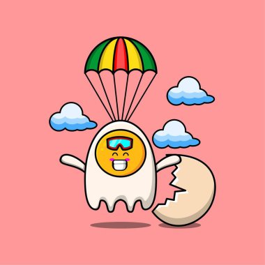 Şirin maskot çizgi filmi Kızarmış yumurtalar paraşüt ve mutlu bir jest çizimiyle paraşütle atlıyor
