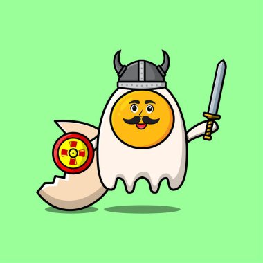 Sevimli çizgi film karakteri kızarmış yumurta şapkalı viking korsan ve kılıç ve kalkan çizimi