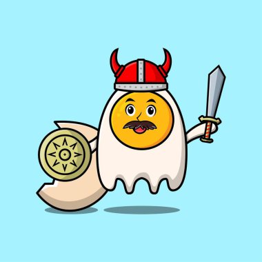 Sevimli çizgi film karakteri kızarmış yumurta şapkalı viking korsan ve kılıç ve kalkan çizimi