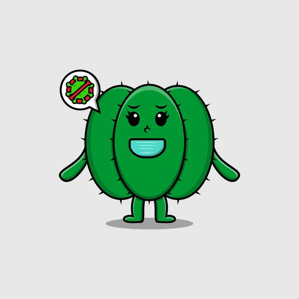 Söt Tecknad Illustration Kaktus Med Mask För Att Förhindra Virus — Stock vektor