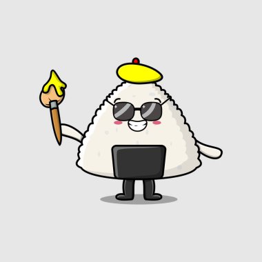 Sevimli çizgi film karakteri. Şapkalı Japon suşi ressamı ve çizecek fırçası var.