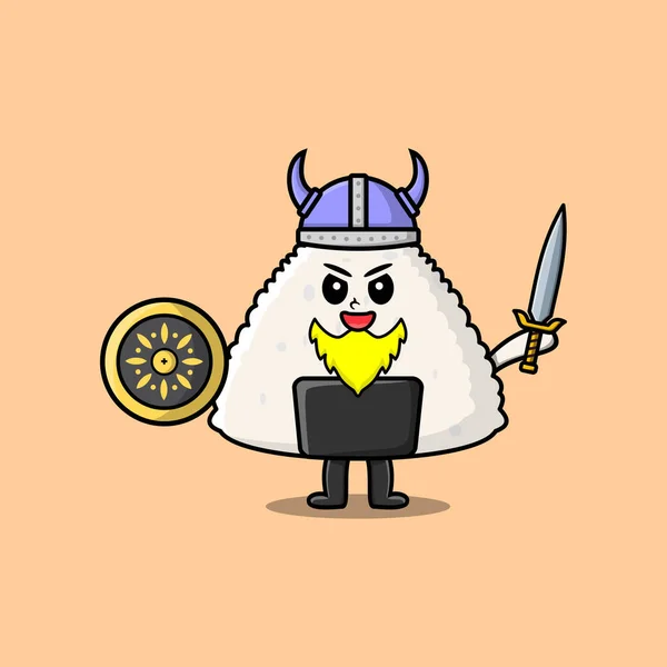 Bonito Personagem Desenho Animado Arroz Japonês Sushi Viking Pirata Com — Vetor de Stock