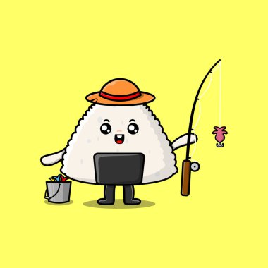Tatlı çizgi film Rice Japon suşisi balık tutmaya hazır balıkçı malzemeleri giyip çizgi film karakteri