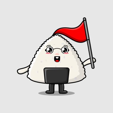 Suşi karakteri düz modern tasarım illüstrasyonunda üçgen bayrak tutuyor.