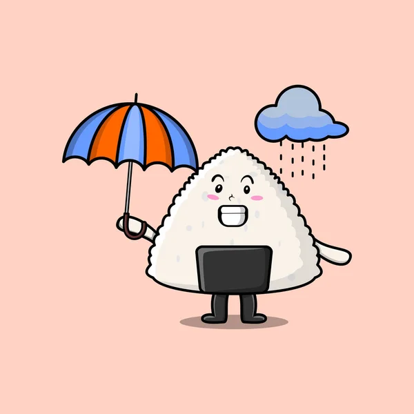 Cute Cartoon Sushi Character Rain Using Umbrella Flat Modern Style — Stock Vector