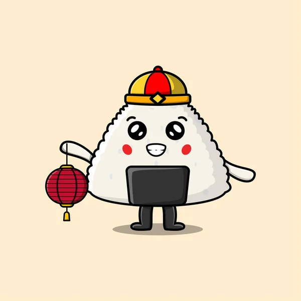 Roztomilý Karikatura Rýže Japonec Sushi Čínský Znak Držení Lucerny Vektorové — Stockový vektor