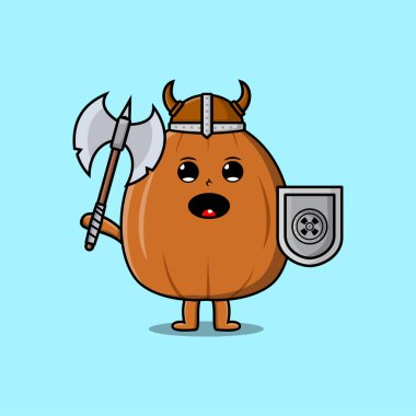 Sevimli çizgi film karakteri badem fıstıklı Viking korsan şapkası ve baltası ve kalkanı var.