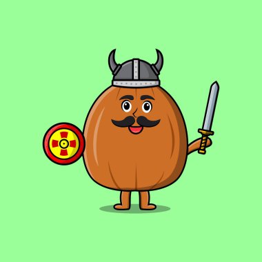 Sevimli çizgi film karakteri Badem fıstıklı Viking korsan şapkası, kılıcı ve kalkanı var.