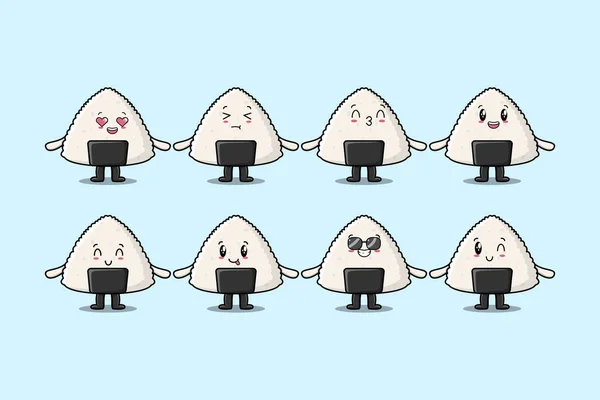 Set Kawaii Rice Japanische Sushi Cartoon Figur Mit Verschiedenen Ausdrücken — Stockvektor