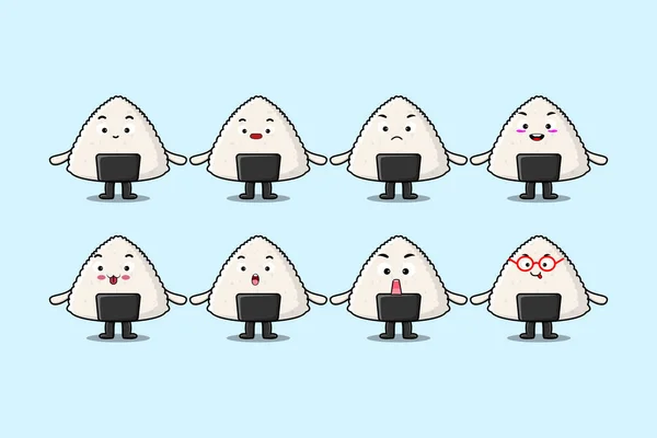 Set Kawaii Arroz Japonés Personaje Dibujos Animados Sushi Con Diferentes — Archivo Imágenes Vectoriales